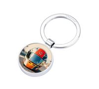 TROIKA llavero Motorsport RACING de metal fundido cromado; regalo ideal para fans del automovilismo, con anilla y motivo de casco y coche de carreras