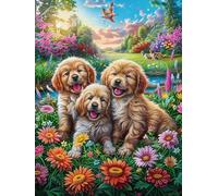 Trois chiots Dans le Jardin Fleuri Puzzle 300 Piezas Cartón Blanco Premium para Expertos Mitos Animal Planta Eventos Team Building Ejercita La Mente Hobby Y Ocio 300 PCS
