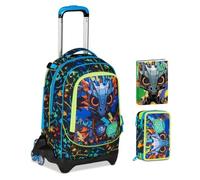 Trolley escolar Jack 3 ruedas desmontable Led Look Dragón, 3 en 1 para escuela primaria niño + Estuche 3 cremalleras con papelería + Diario 2025/2026 + 7 bolígrafos borrables y llavero silbato