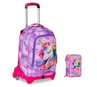 Trolley Jack-3WD Escuela Fable Journey Unicornio con mochila desmontable By Seven para primaria niña + Estuche 3 pisos completo papelería + 7 bolígrafos a presión y llavero lentejuelas