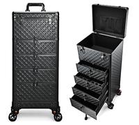 Trolley Make Up Profesional 3 Cajones Maletín Maquillaje con Cerradura y Ruedas Maleta Maquillaje Maletín Peluquería Beauty Case Grande para Estetista, Uñas, Maquillaje, Tatuajes, 4 Cajones - Negro