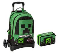 Trolley Mochila Desmontable Compatible con Minecraft Verde + Estuche completo de 3 niveles + 7 bolígrafos borrables y llavero juego cubo y bolígrafo multicolor