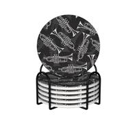 Trompetas de boceto en Blanco y Negro,Posavasos Redondos de cerámica, Almohadilla para Tazas, Juego de 6 Posavasos para Bebidas