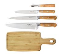 TROMPETTE Essentiel - Juego de cuchillos de cocina con tabla de cortar, acero 5Cr15MoV, acabado satinado, 38,5 x 16 cm, madera clara