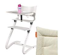 Trona, de Leander; de color blanco RAL 9016; paquete completo con estribo de seguridad, mesa, vaso de Born Free y cojín para el asiento beige beige