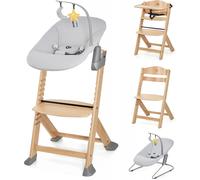 Kinderkraft ENOCK Trona bebé de Madera + Hamaca Bebé CALMEE, portatil, para niños, Silla alta Infantil, Evolutiva, Ergonómica, Barrera y Bandeja, Gris
