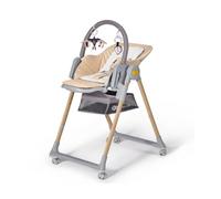 Kinderkraft LASTREE Trona Bebé de madera evolutiva plegable, Hamaca para bebés con Arco 2 juguetes, Asiento reposapiés ajustable, Posición tumbada, Beige