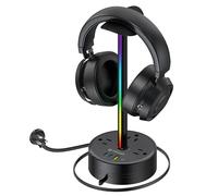 TROND Soporte para auriculares con cargador USB C PD de 20 W, soporte RGB para auriculares para juegos con extensión de 3 salidas de CA, tira de alimentación retráctil de 5 pies, adecuada para