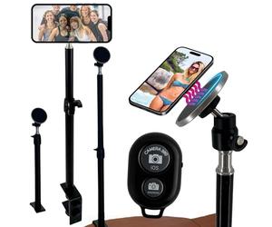 TronicXL Abrazadera de mesa para Apple Magsafe iPhone teléfono móvil soporte con mando a distancia Bluetooth disparador I Mesa Mesa Abrazadera I Soporte magnético para teléfono móvil trípode