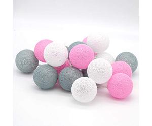 TRONJE LED Guirnalda Luminosa 20 Bolas de Algodón Ø6cm - 3,8 m Luces de Hadas Pink-Gris - Luz de Noche 4h Temporizador - Funciona con Pilas