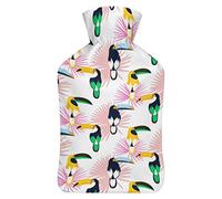 Tropic - Botella de agua de goma con diseño de hojas de plantas y pájaros tucán rosa con cubierta de felpa suave, bolsa de agua caliente para invierno, protección contra el frío, 1000 ml