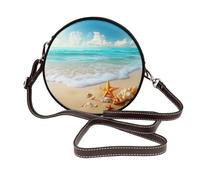 Tropical Beach - Bolso cruzado redondo de piel para mujer, diseño de conchas de arena dorada y estrellas de mar