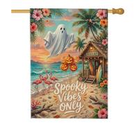 Tropical Ghost Creepy Mood Only - Bandera de casa de Halloween, 71 x 101 cm | Paisaje de playa tropical, bandera de césped, cita espeluznante de estado de ánimo, palmeras, flores de hibisco