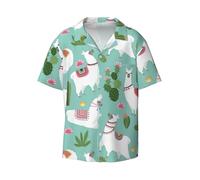 Tropical Llama Alpaca Cactus Flower Print Hombre Ligero Elegante Cuello Cubano Estilo Estilo Manga Corta Práctico Bolsillo, Negro -, 4XL
