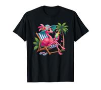 Tropical Pink Flamingo Pájaro Palmera Playa Verano Camiseta