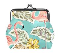 Tropical Rosa Flamenco Pájaros Flores Hibisco Amarillo Ramos Hojas de Palma Fondo Patrón. Selva. Plantas exóticas. Verano Playa Diseño Floral. Paraíso Naturaleza Hebilla Monedero, Multicolor 15, Talla