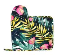Tropical Summer Hawaiian Flower Palm Leaves Print Kitchen Gear For Men Women Oven Silicone Gloves Anti-Scald Pad For Grill Roasting