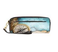 TropicalLife Estuche para lápices de piel sintética con diseño de brújula vieja para niños, niñas, hombres, mujeres, bolsa para lápices de mapas, bolsa con cremallera, papelería, cosméticos, bolsas de