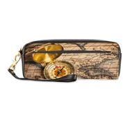 TropicalLife Estuche vintage de piel sintética para lápices, diseño de mapa, brújula, para niños, niñas, hombres, mujeres, bolsa para lápices de mapas, bolsa con cremallera, papelería, cosméticos,