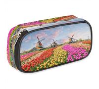 TropicalLife Tulipanes Molinos de viento Estuches para lápices de piel sintética, bolsa de lápices de tulipanes, bolsa de lápices con cremallera, bolsas de maquillaje para niños, niñas, niños, hombres