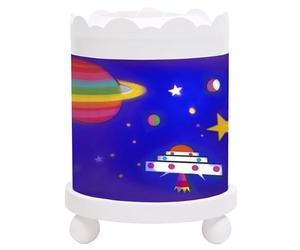 Trousselier - Espacio - Lámpara mágica nocturna redonda - Para niños - Dibujos animados - Luz confortable - Color de madera blanca - Bombilla 12V 10W incluida - Adaptador de enchufe europeo