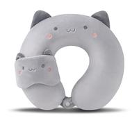 TROYSINC Almohada de viaje para el avión con antifaz para los ojos, almohada cervical para avión, reposacabezas para niños y adultos, cojín para dormir en casa y oficina (gato gris)