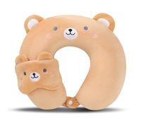 TROYSINC Almohada de viaje para el avión con antiojo, almohada cervical para avión, reposacabezas para niños y adultos, cojín para dormir en casa y oficina (oso marrón)