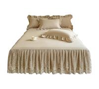 TRQQWEQQ Algodón Lavado Colcha con Falda De Volantes 3 Pcs 150 * 200cm Envolvente Protector De Colchó 42cm De Profundidad Funda De Colchón Sabana Bajera con Banda Elástica(Khaki,King-XL/180 * 220)
