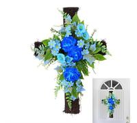 Trredrins Corona grande de Pascua para puerta delantera, corona de cruz con texto en inglés "He is Risen", con diseño de lirios artificiales religiosos, lavanda, uva, vides, decoración de primavera