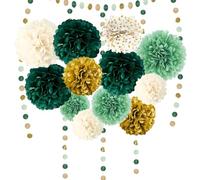 Trrrioosy Pompones Decorativos Para Fiestas, 15 Piezas,Verde, Dorado, Blanco Pompones de Seda de Papel Y Lunares Decorar,Adecuado Para Bodas, Ceremonias de Graduación, Y Fiestas de Cumpleaños