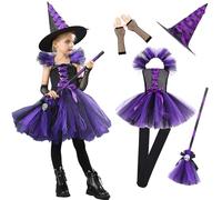 Trrymbbe 5PCS/Set Witch Costume for Girls with Tulle Skirt, Hat, Broom, Gloves and Socks, Halloween Toddler Witch Costum Cosplay Party Dress Up, XL