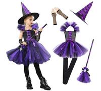 Trrymbbe 5PCS/Set Witch Costume for Girls with Tulle Skirt, Hat, Broom, Gloves and Socks, Halloween Toddler Witch Costum Cosplay Party Dress Up, 2XL