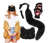 Trrymbbe Disfraz de 3pcs Fox Furry Therian Mask y Tail & Paths Guantes de Gato Peludo de Gato Esponjoso Wolf Disfraz con máscara, Cola y Guantes para la Fiesta de Cosplay Masquerade Fox