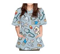 TRRYUIP Uniforme Sanitario Mujer Uniformes quirúrgicos for Mujer, Camisetas exfoliantes con Cuello en V y Estampado de Producto, Uniforme Enfermera Elegante diseño Bolsillo Manga Corta(Color6,L)