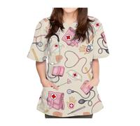 TRRYUIP Uniforme Sanitario Mujer Uniformes quirúrgicos for Mujer, Camisetas exfoliantes con Cuello en V y Estampado de Producto, Uniforme Enfermera Elegante diseño Bolsillo Manga Corta(Color3,XL)