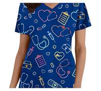 TRRYUIP Uniforme Sanitario Mujer Uniformes quirúrgicos Mujer corazón Impreso Cuello Pico Enfermeras Tops Manga Corta Bolsillo Tipo Parche Uniformes enfermería(Blue,5XL)