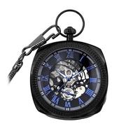 TruClothing Reloj de bolsillo cuadrado con esfera abierta y esqueleto mecánico con cadena, Negro y azul., talla única, Reloj de bolsillo
