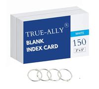 True-Ally Tarjetas de índice sin rayas, 3 x 5 pulgadas, blanco, 150 tarjetas, 200 g/m², con anillos de carpeta gratis para notas cortas, tarjetas de taco, hojas de trucos, examen, preparación de