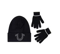 True Religion Beanie Hat and Touchscreen Glove Set, Cuffed Winter Knit Cap with Rhinestone Logo and Touch Screen Mittens, Black, One Size