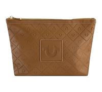 True Religion Bolsa de maquillaje para mujer, organizador pequeño de viaje con cremallera, accesorios dorados, color marrón