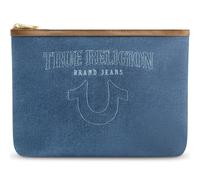 True Religion Bolsa de maquillaje para mujer, organizador pequeño de viaje con cremallera, accesorios dorados, mezclilla