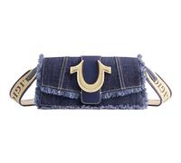 True Religion Women's Shoulder Bag Purse, Frayed Denim Mini Flap Crossbody Handbag with Horseshoe Logo, Bolsa de Hombro para Mujer, Tela Vaquera