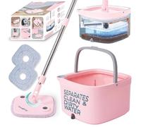 True & Tidy® True Clean - Sistema de fregona y Cubo, Incluye Cubo de fregona de Giro Cuadrado, Cubo de fregona de Doble Compartimento y 2 Almohadillas Gruesas Lavables a máquina, Nuevo Mejorado con