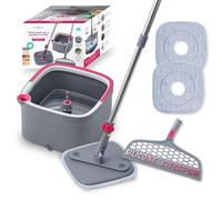 True & Tidy True Clean Spin Mop y Sistema de Cubo, Incluye fregona giratoria, Cubo de fregona de Doble Compartimento, barredora de Piso de Silicona, 2 Almohadillas de Microfibra Lavables Gruesas,