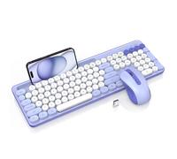 Trueque Combo de teclado y mouse inalámbricos, bonito teclado de máquina de escribir con teclas redondas, teclado de tamaño completo con soporte para teléfono/tableta y patas inclinables, mouse de 6