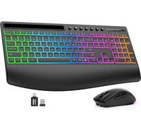 Trueque Combo de teclado y mouse inalámbricos, teclado retroiluminado recargable de 4000 mAh con reposamuñecas y soporte para teléfono, escritura silenciosa de tamaño completo 2.4G USB-A/Type-C para