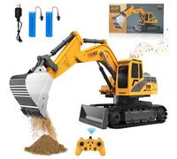 Trulloyoo Juguetes de excavadora de control remoto, excavadora RC 2 en 1 de 11 canales con excavadora, 680 juguetes giratorios de construcción con música ligera, cumpleaños para niños