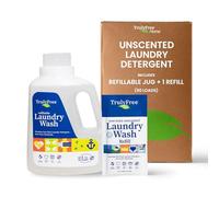 Truly Free Detergente de lavado de ropa para pieles sensibles, suave y seguro para ropa de bebé, a base de plantas, ingredientes naturales, sin perfume, incluye 1 botella recargable (50 cargas)