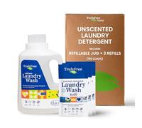 Truly Free Detergente de lavado de ropa para pieles sensibles, suave y seguro para ropa de bebé, a base de plantas, ingredientes naturales, sin perfume, incluye 1 botella recargable (150 cargas)