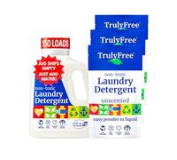 Truly Free Detergente de lavado de ropa para pieles sensibles, suave y seguro para ropa de bebé, a base de plantas, ingredientes naturales, sin perfume, incluye 1 botella recargable (150 cargas)